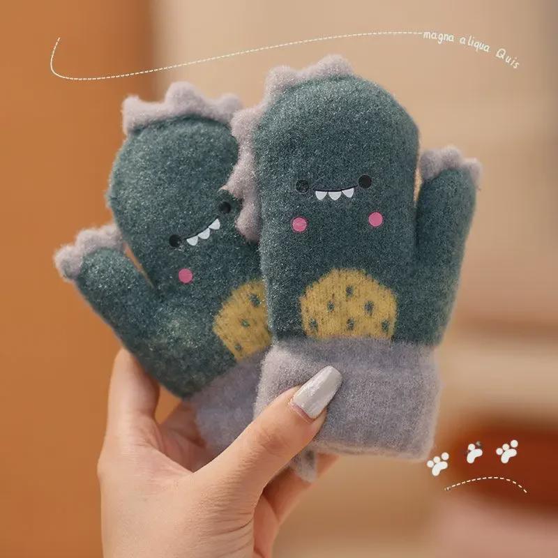

Детские милые зимние перчатки с динозавром, с плюшевой бархатной подкладкой, теплые, в корейском стиле, для защиты от холода, для малышей
