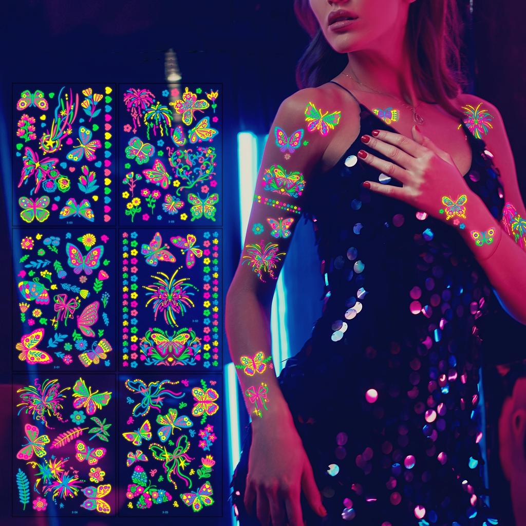 Butterfly Designs 6sheets/set Fake Tattoos Waterproof Face Flash Temporary Tattoo Stickers Blacklight Body And Glow-in-the-dark For  Home