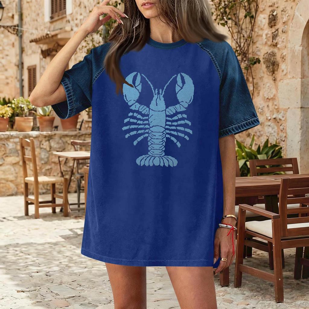 Women Casual Denim Patchwork Short Sleeve T Shirt Summer Spring Fashion Comfortable Loose Fit Crew Neck Top with Lobster Print