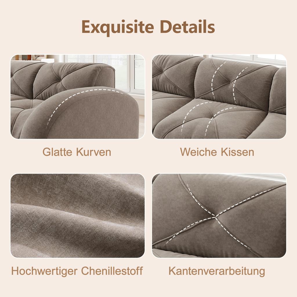Frameless Modular 2-Seater Sofa, High-Density 32D Foam, Suitable for Living Room, Chenille Fabric, Non-Slip Design, No Assembly Required, Brown