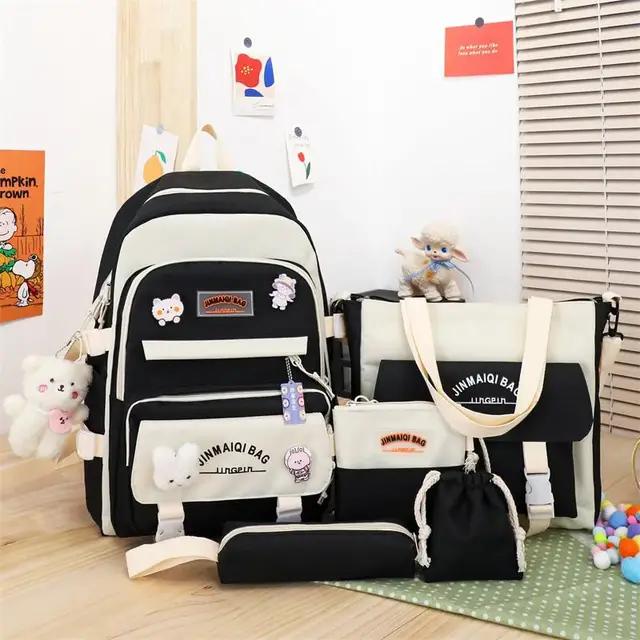 5 Pcs/Set Teen Schoolbag for Girls Boys Large Capacity Student Backpack with Keychain