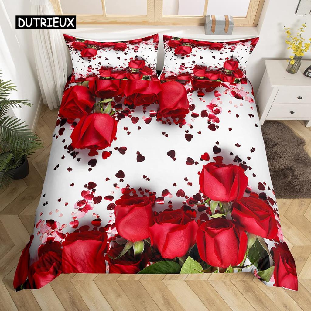 3D Rose Duvet Cover Set Queen Microfiber Red and White Floral Bedding Set Romantic Flowers Comforter Cover Valentine's Day Gift
