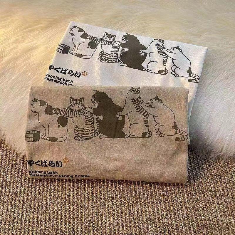 Summer Small Fresh Short Sleeved T Shirt Men and Women Couple Tide Brand Retro Cartoon Cat Printing Half Sleeve T Shirt