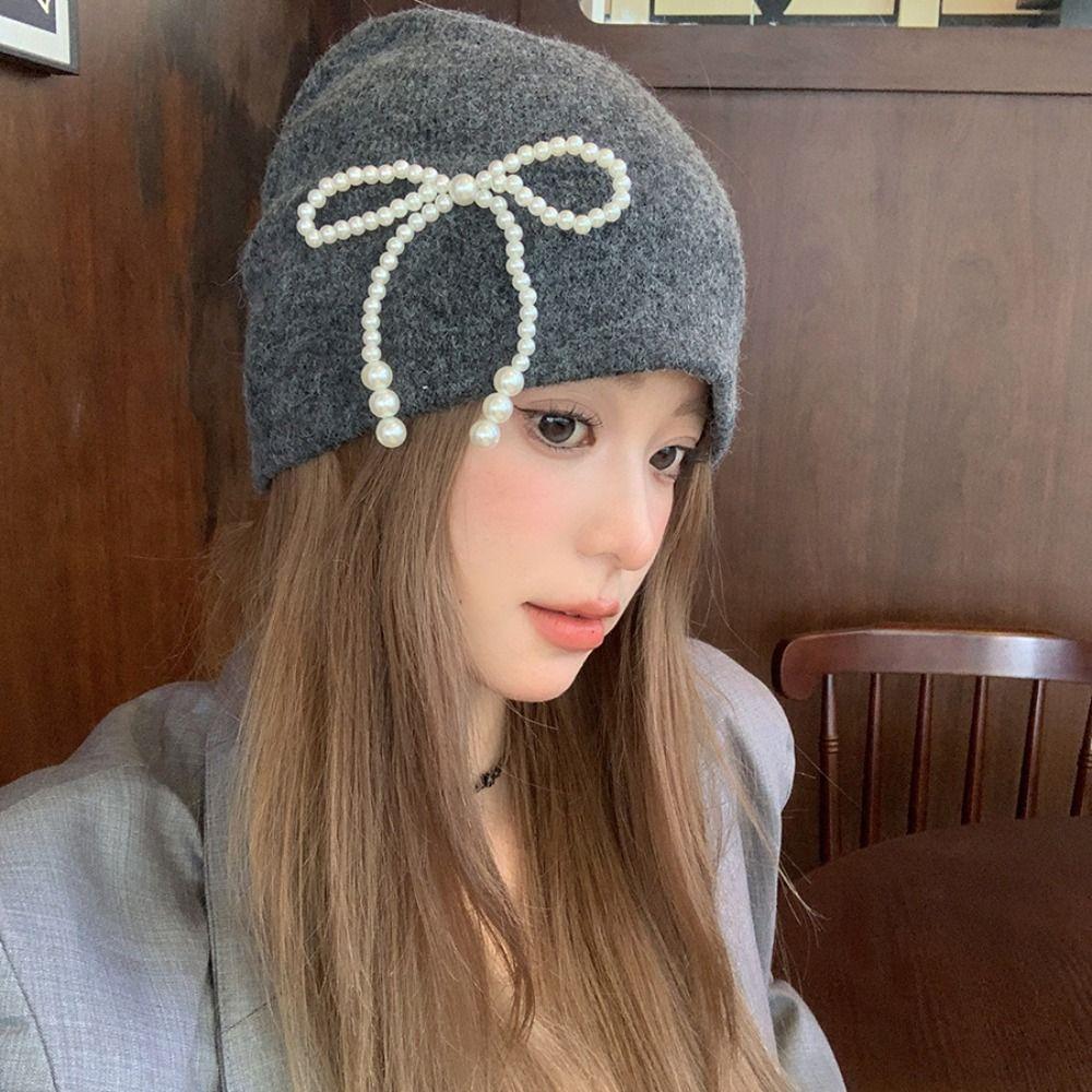 Ear Protector Pearl Bow Beanies Cap Casual Korean Wool Hat Stacking Knitted Bonnet Cap  Daily