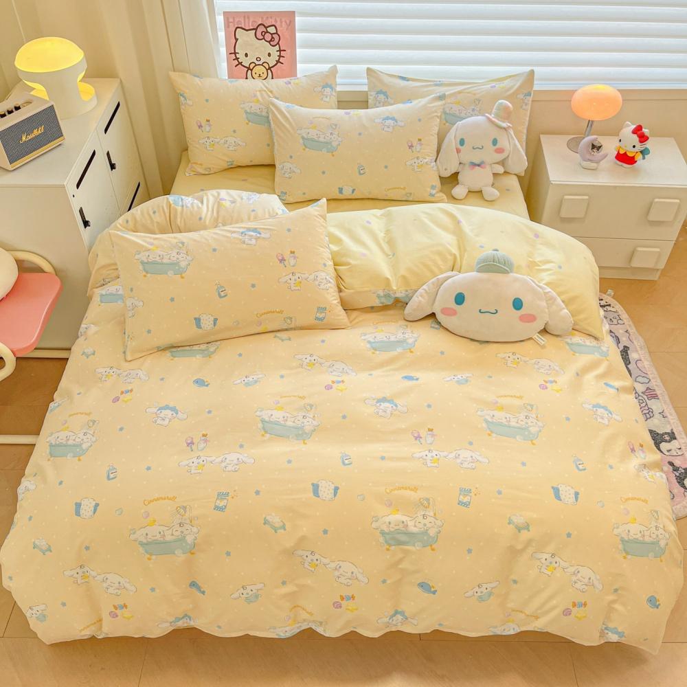 Cartoon Sanrio Kuromi Cinnamoroll Korean Version Sweet Lace Style Pure Cotton Bed Sheet Quilt Cover King Queen Three-Piece Set