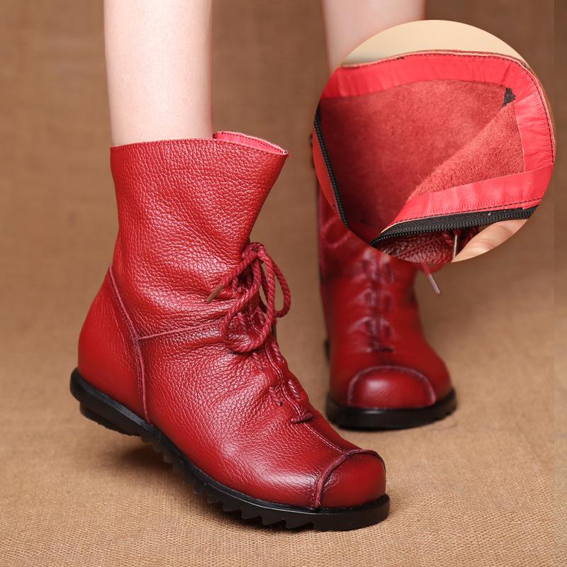 Original Genuine Leather Low Heel Ankle Boots - Retro Style for Autumn/Winter Women's Fashion