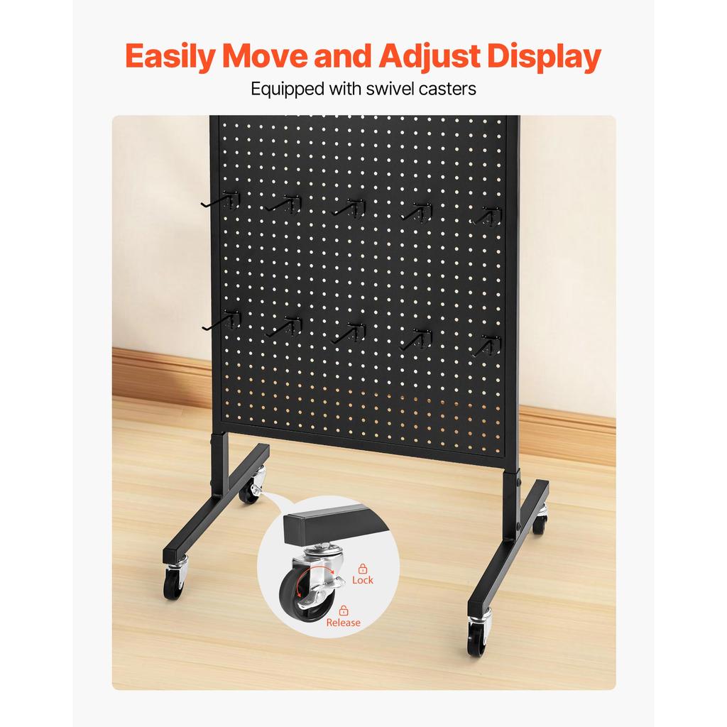 SucceBuy Standing Pegboard Display 23.6 X 63 In W/ Swivel Casters and 30 Hooks Thickened Cold-Rolled Steel Peg Board Panel Black