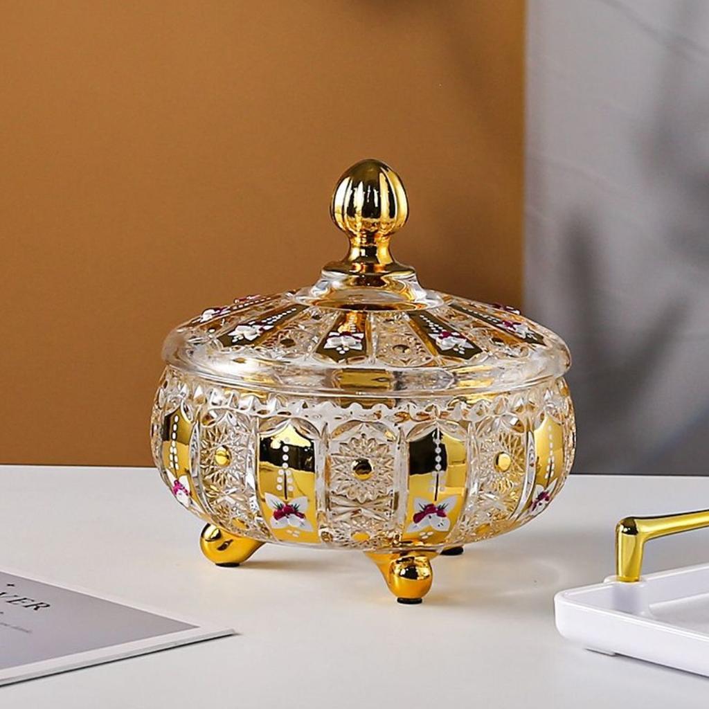 Crystal Glass with Lid Sugar Jar Candy Jar Transparent Color Colored Enamel Color Gold Edge Ashtray Modern Fruit Plate