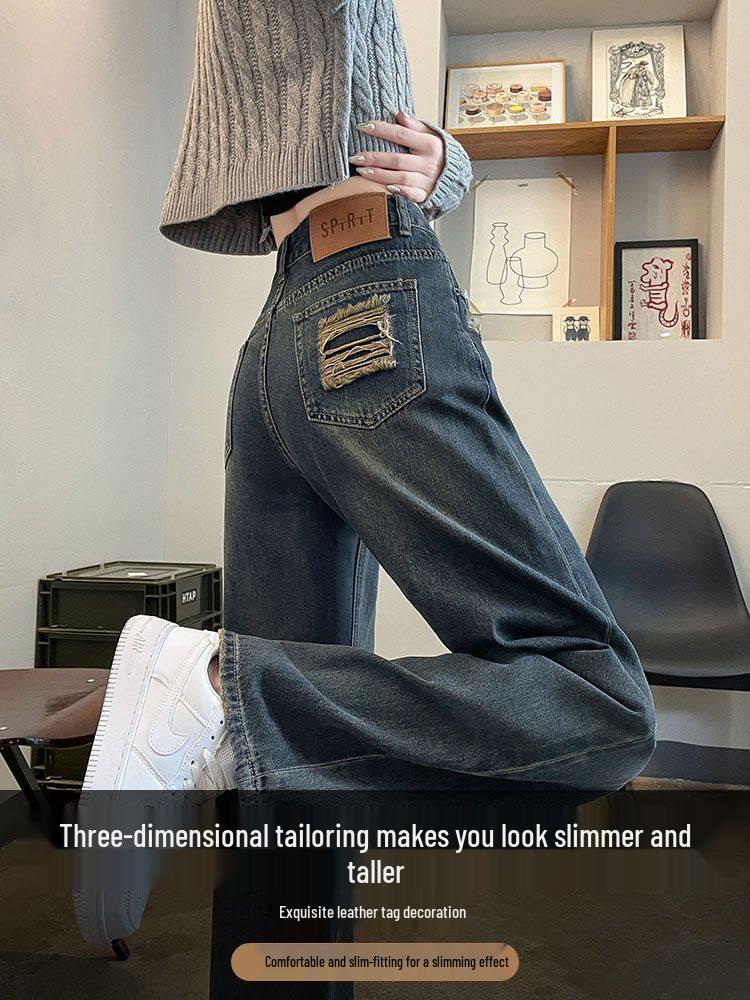 Retro Cement Gray High Waist Plus Size Ripped Slimming Straight-Leg Trousers for Spring and Autumn