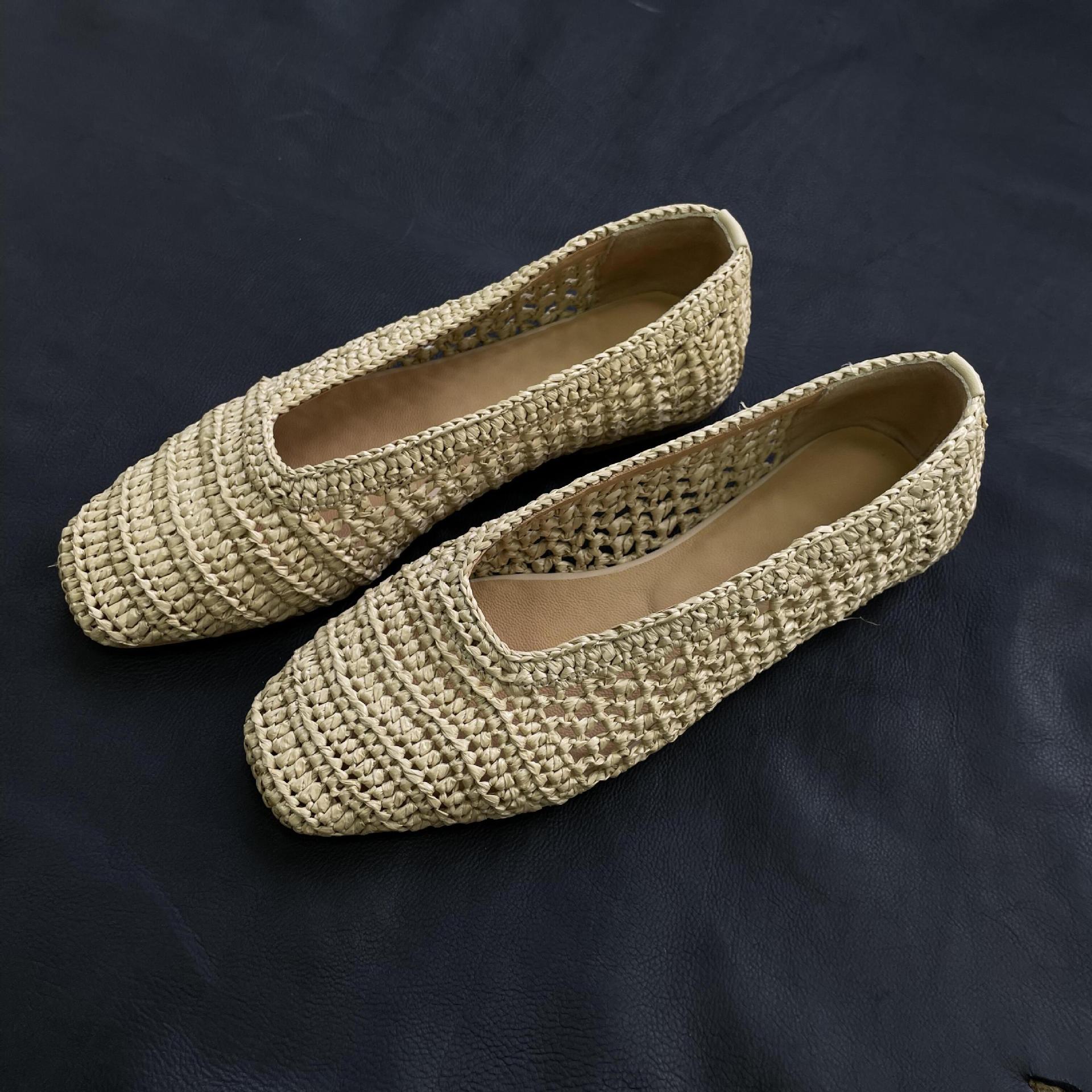 

Версия из овчины~ нишевый ретро-стиль рафия полое плетение на плоской подошве туфли-лодочки женские с мелким вырезом квадратным носком туфли бабушки ladyshoes 40 светло-желтого