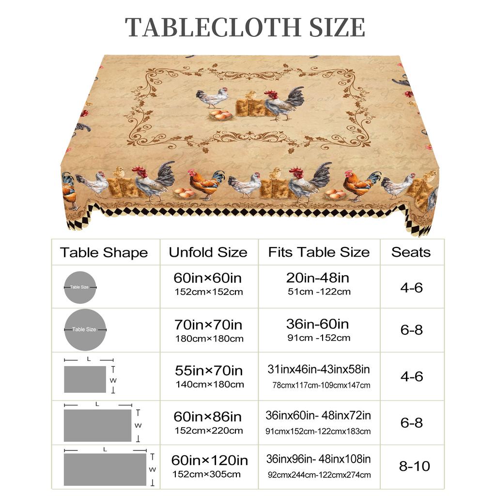 1 Piece Farm Style Chicken Round Tablecloth, 5 Sizes Available, Farmhouse Style Retro Chicken Pattern Printed Tablecloth, Edge Embossing Process, Cour