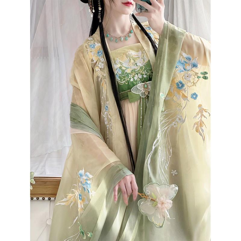 Womens Tang Dynasty Style Hanfu Set With Heavy Embroidery Wide Sleeves Chiffon Fabric Wear