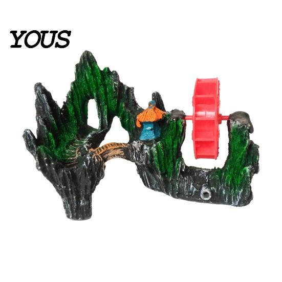 Aquarium Decoration Resin Spinning Waterwheel, Fish Tank Ornament, Mini Rockery Mountain Waterwheel Air Bubbler, Non-toxic Decor Aerating