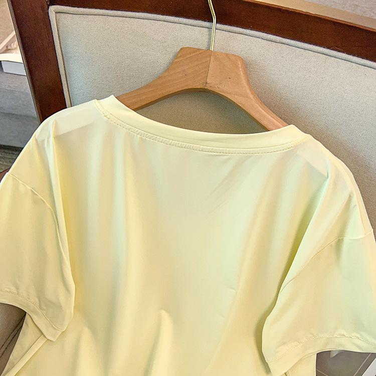 Versatile Slimming V-Neck Quick-Dry Plus Size Women's Top - Summer Short Sleeve, Solid Color, 300 Jin Capacity