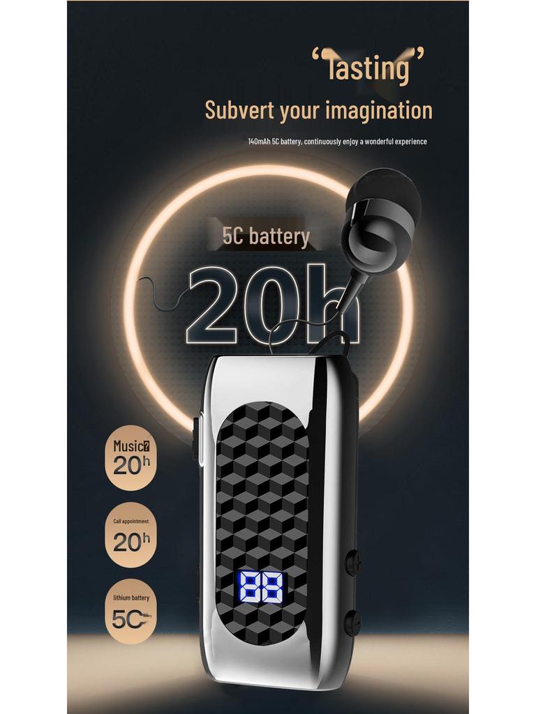 DR13 Clip-On Bluetooth Earphone with Retractable Pull-Out Line, 20H Battery, Digital Display, Business Call Vibration & Number Reporting.