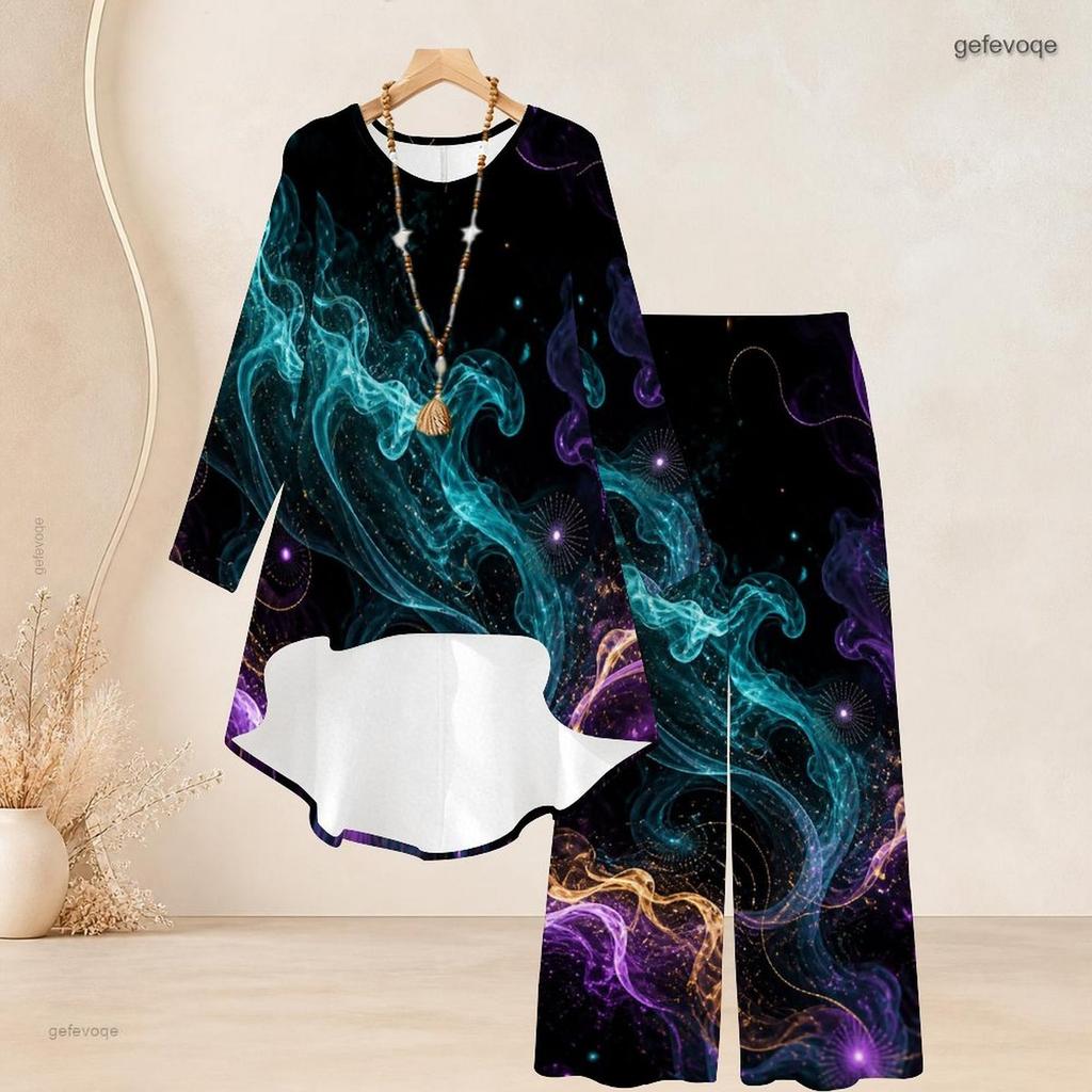 Women Plus Size Two Piece Set Round Neck Long Sleeve Printed High Low Top Wide Leg Pants