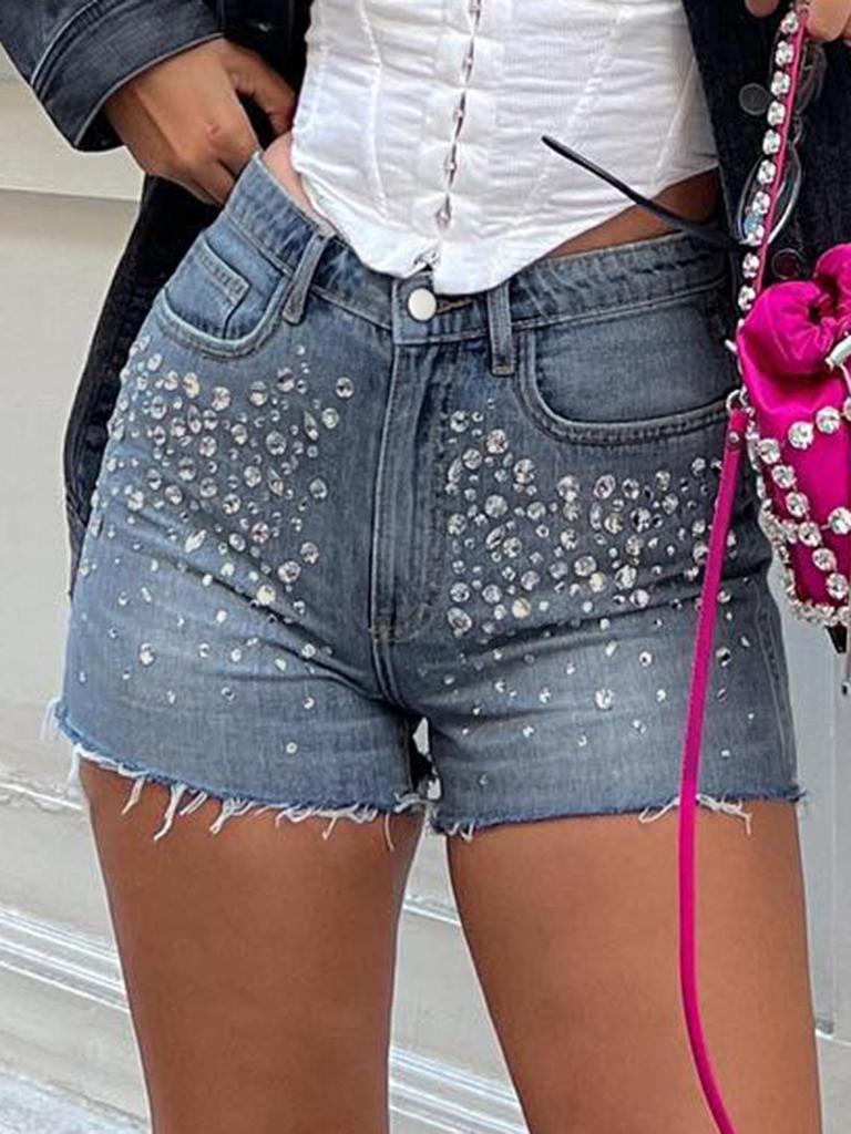 Trendy European-American Rhinestone Denim Shorts: Fashion-Forward, Versatile Streetwear