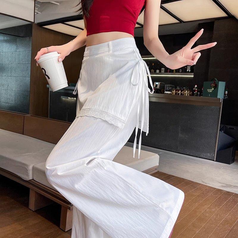 White Strappy Lace Patchwork High-Waisted Wide-Leg Pants - Summer 2026 S (85-100 lbs)