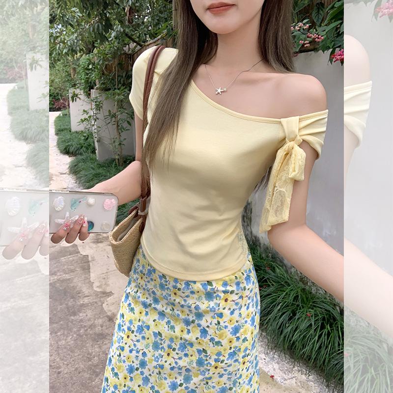 Sexy Pure Desire Bow Strap Slanted Shoulder Short-sleeved T-shirt Women's Summer New Chic Slim Off-the-shoulder Niche Top