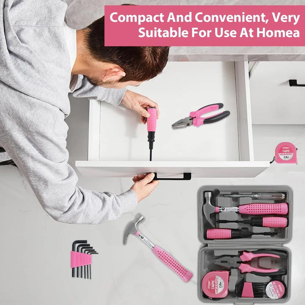 13/24Pcs Household Repair Tool Kit Multi-Purpose Pink Home Hand Tool Set Hammer and Allen Key with Electrical Tape Screwdriver