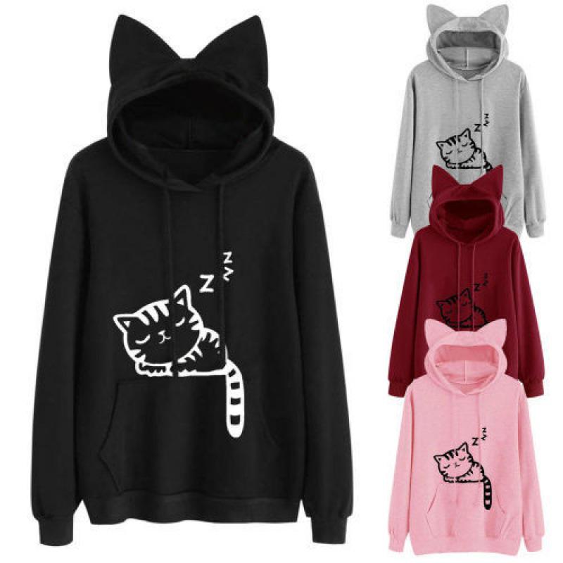 Plus Size Cat Print Fleece Hoodie for Women - Autumn/Winter Collection