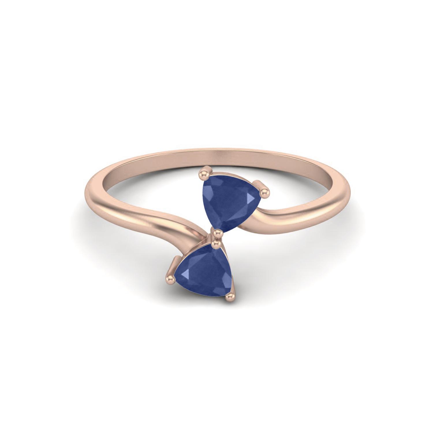 0.54 Cts Trillion Blue Sapphire Double Stone Bypass 925 Sterling Silver Rose Vermeil Women Wedding Ring
