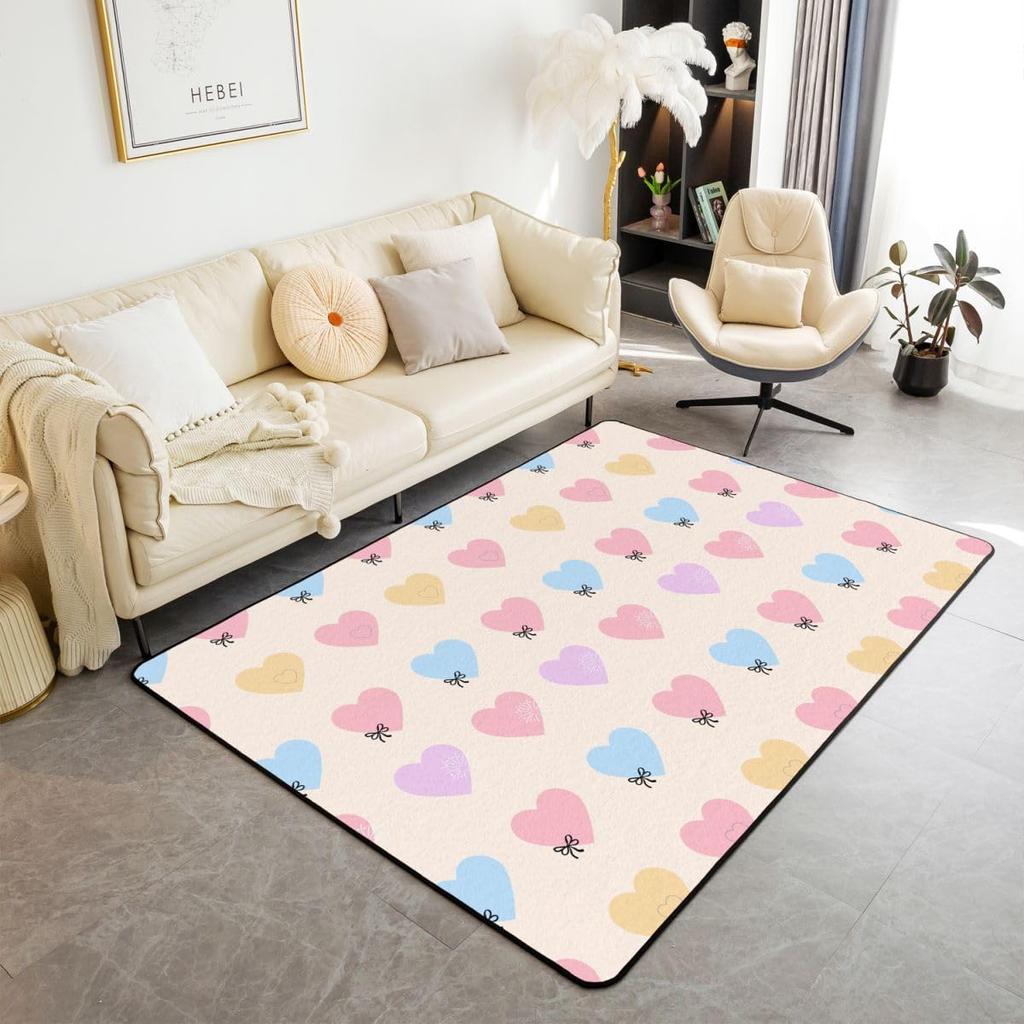 Cute Heart 3x5 Area Rug Cartoon Bow Knot Rugs for Living Room | Colorful Romantic Pink Fantasy Washable Rug,Valentine's Day Theme Love Heart