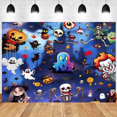 1pc Cute Halloween Party Backdrop with Castle Ghost Skeleton Bats Joker Dustproof Banner for Halloween Themed Party Decoration