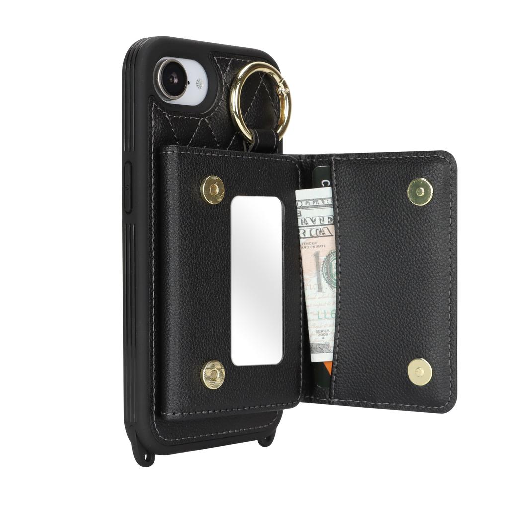 For iPhone 16e Case with Lanyard/Mirror/Card Holder Grids Pattern RFID Blocking Phone Cover