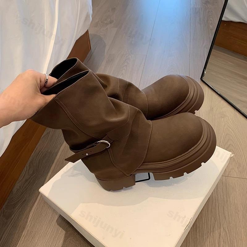 Retro Women's Boot , Autumn  PU Leather Round Toe Ankle Boots Platform Buckle Outdoor British Botas
