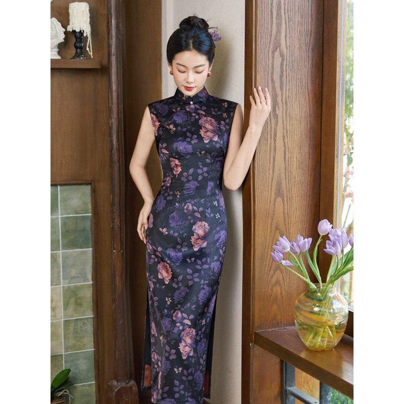 New Chinese-style improved cheongsam summer purple Hong Kong style retro daily elegant sleeveless women's dress dignified and noble