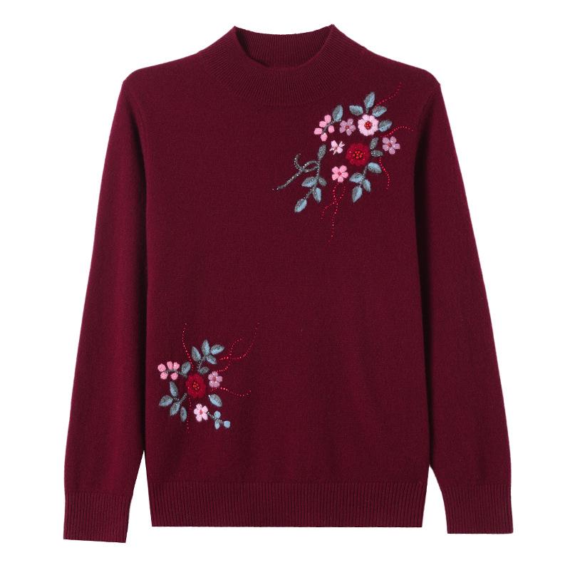 Autumn & Winter Women's 100% Pure Wool Sweater - Stylish Embroidered Half-High Neck for Middle-aged & Elderly