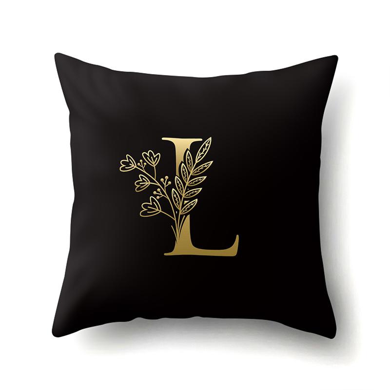 Polyester Pillowcase Car Decoration Black Gold Flower Pillowcase 26 English Letters Home Cushion Cover