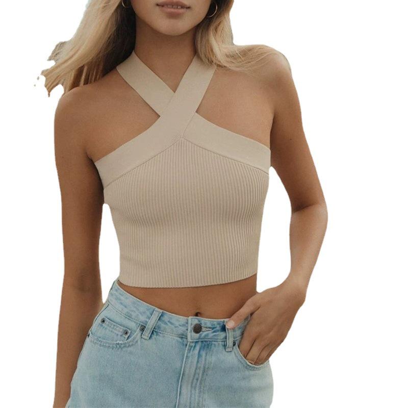 2024 Spring/Summer Women's Knitted Backless Cross Halter Strap Bralette Sweater Tank Top