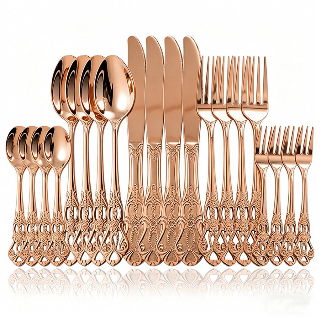 20Pcs Gold Stainless Steel Cutlery Set Royal European Spoon Fork and Steak Knife Retro Hollow Design Dinnerware Luxury Tableware