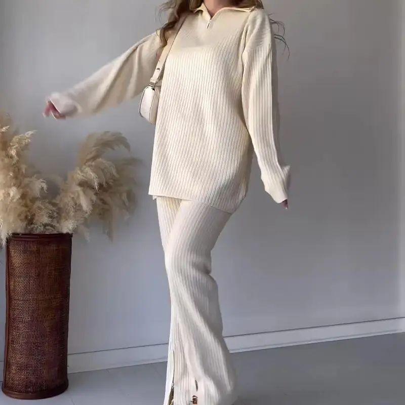 New European and American Solid Fashion Lapel Slim fit Loose Base Knit Set Women Knitted Set