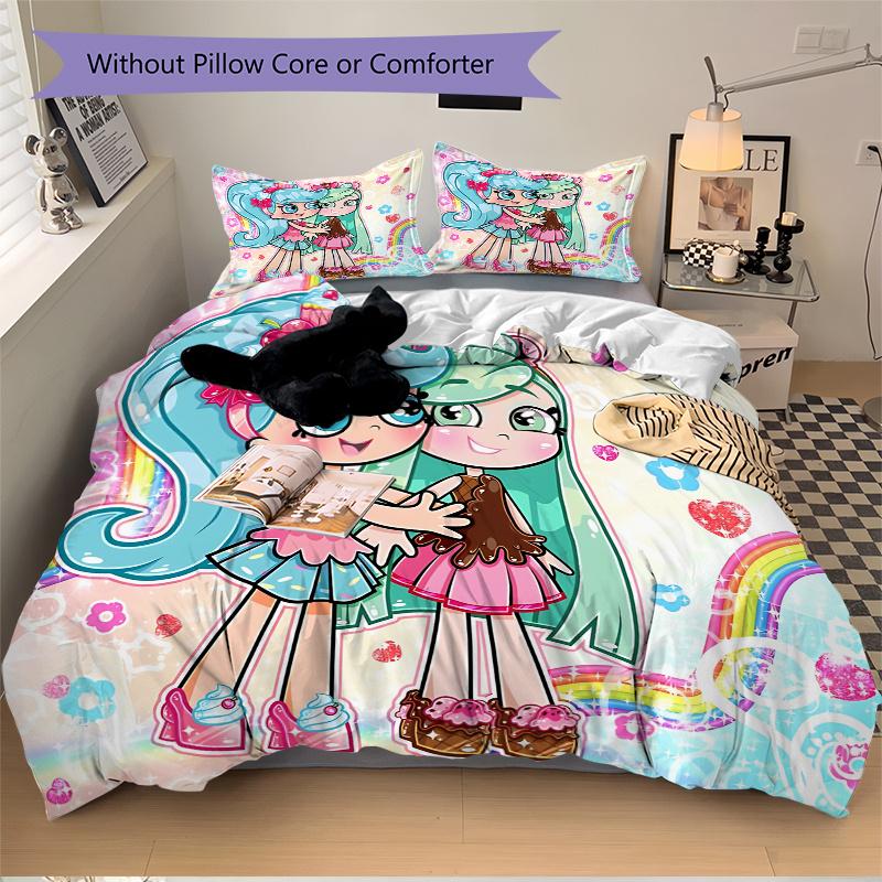 3pcs Shopkins Rainbow Heart Floral Bedding Set-Universal Three-Piece Suit for Bedroom, Guest Room, Living Room, Hotel, Festive Gift, Suitabl