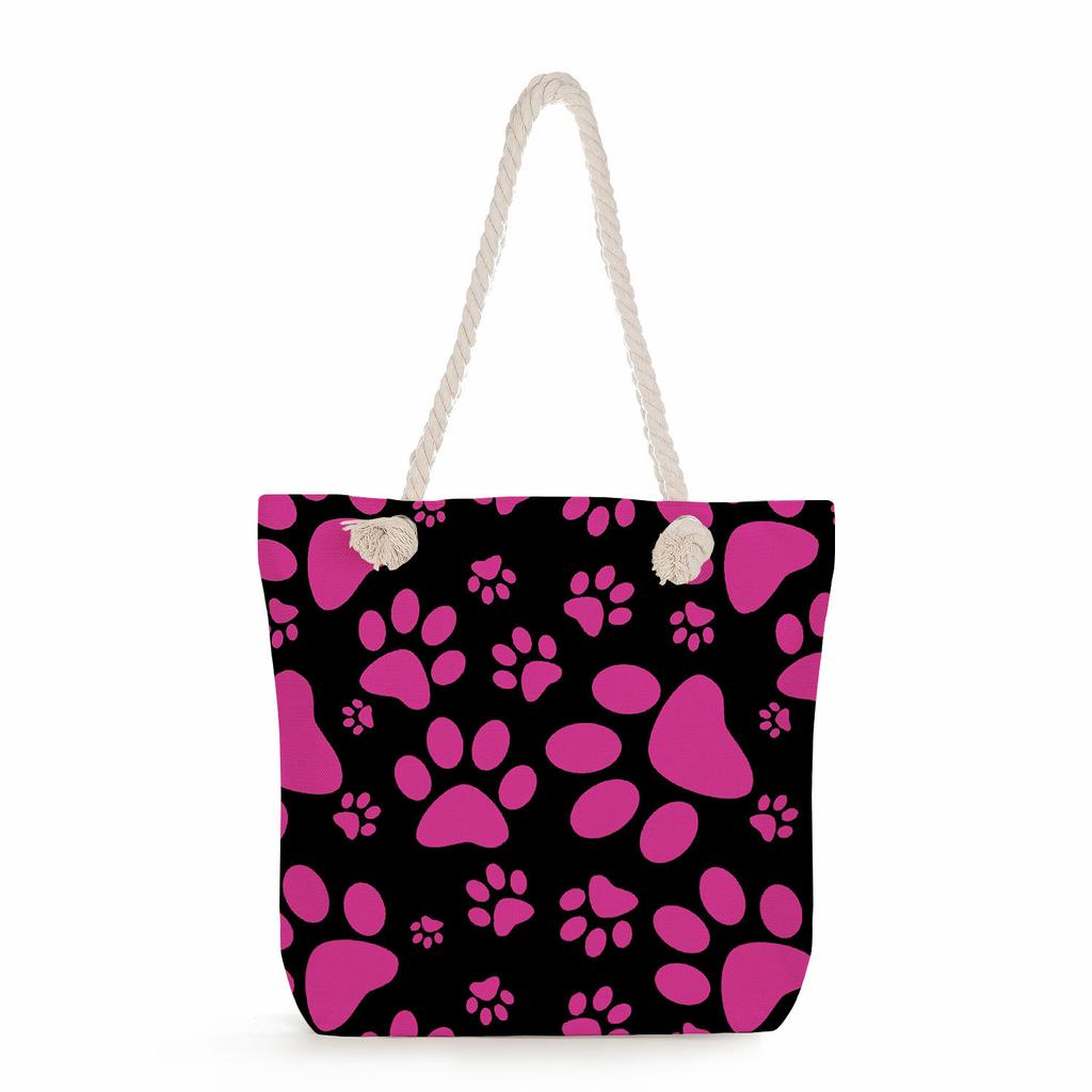Multifunctional Dog Paws Printed Thick Rope Shoulder Beach Bag Casual Large Capacity Handbag 7601