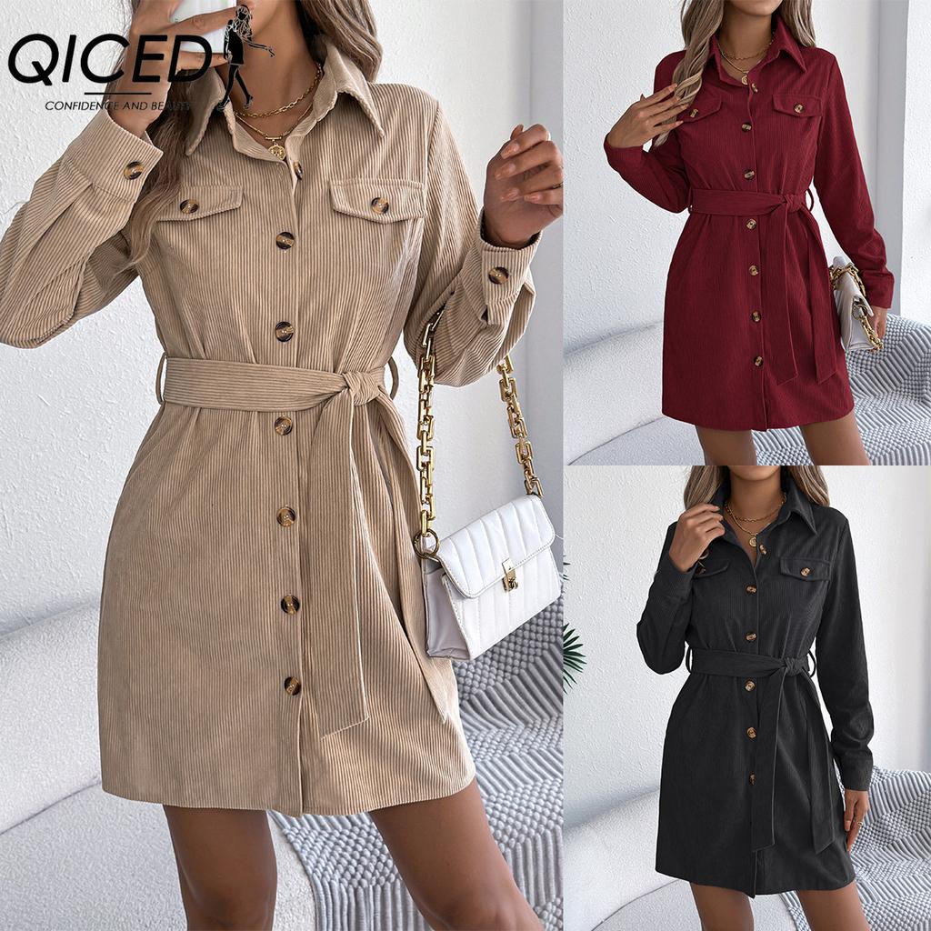 QICED Women's Casual Solid-color Single-breasted Long-sleeved Lace-up Corduroy Shirt Dress for Autumn and Winter Dress