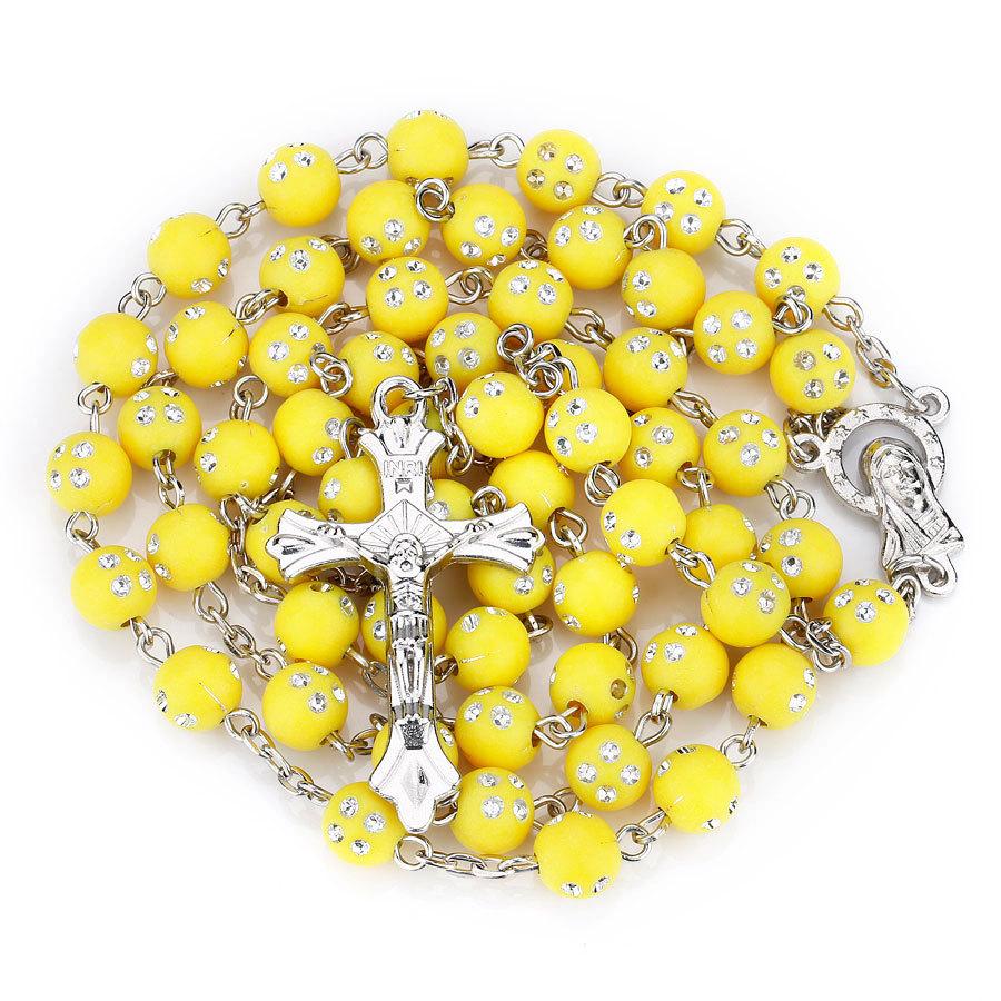 Religion Christian Rosary Necklace For Women Virgin Mary Jesus Cross Pendant 8MM Crystal Beads Long Chain Fashion Prayer Jewelry