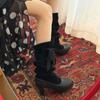 Pleated Bow Medium Boots Stacking Boots Retro Wind Strap Stacking Boots Waterproof Table High Heel Boots But Boots