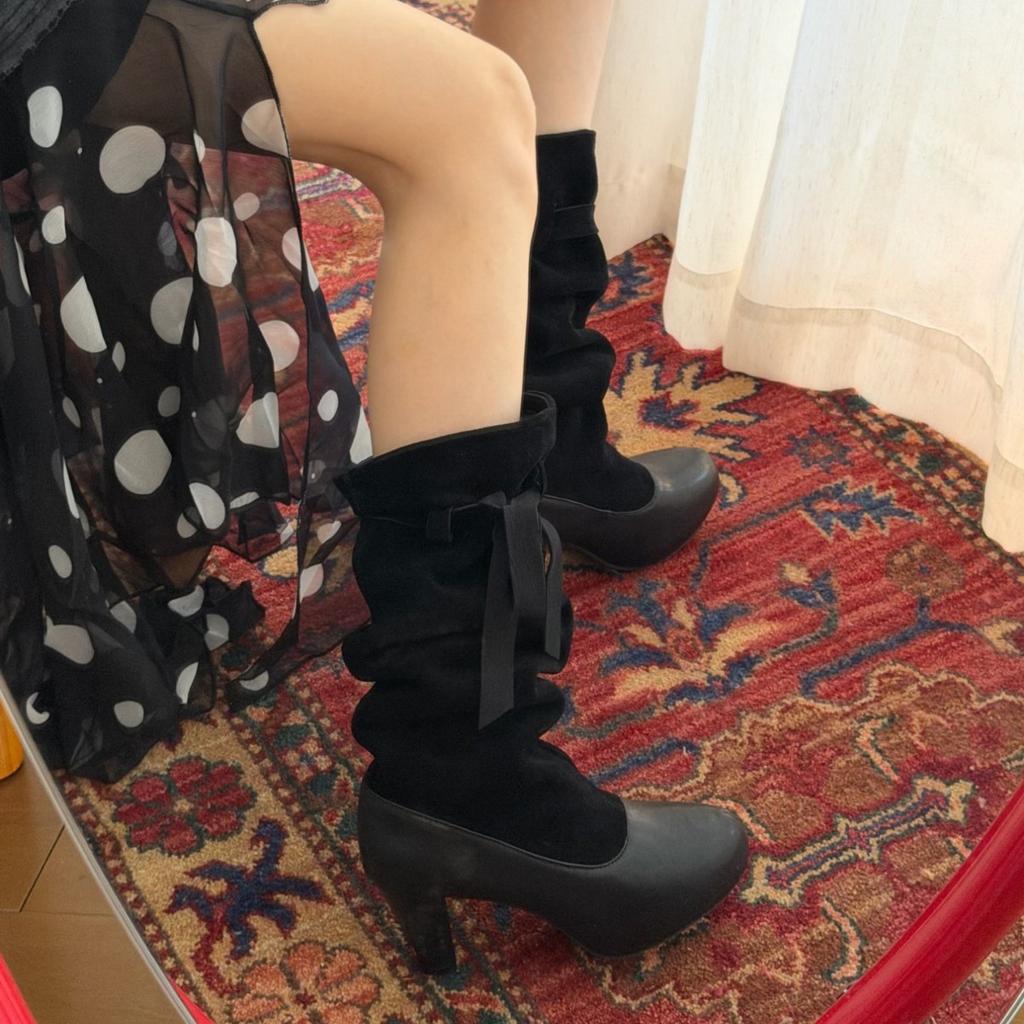 Pleated Bow Medium Boots Stacking Boots Retro Wind Strap Stacking Boots Waterproof Table High Heel Boots But Boots