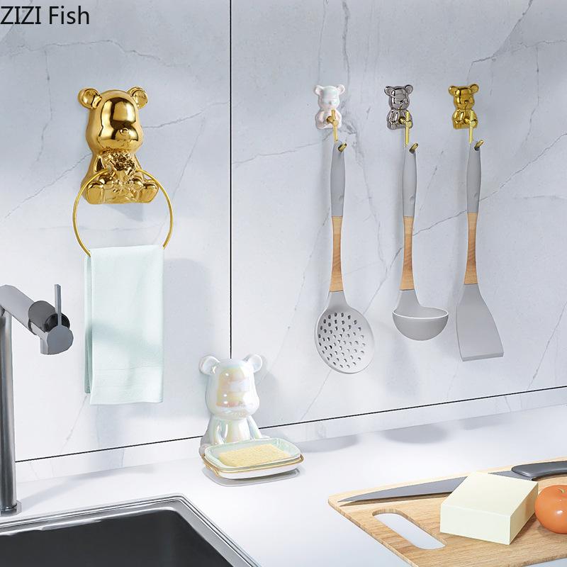 Little Bear Soap Dish Creative Bathroom Wall Hanging Ceramic Towel Holder and Hook Modern Home Decoration Bathroom Accessories