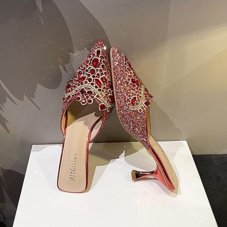 Women Slippers Summer New Rhinestone Half Slippers Toe Sandals High Heel Slippers for Women Outside Thin Heels and Pointed Toes