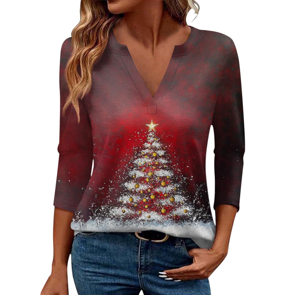 Women's Casual Fashionable Sexy Comfortable V-Neck Christmas Three-Quarter Sleeve Top