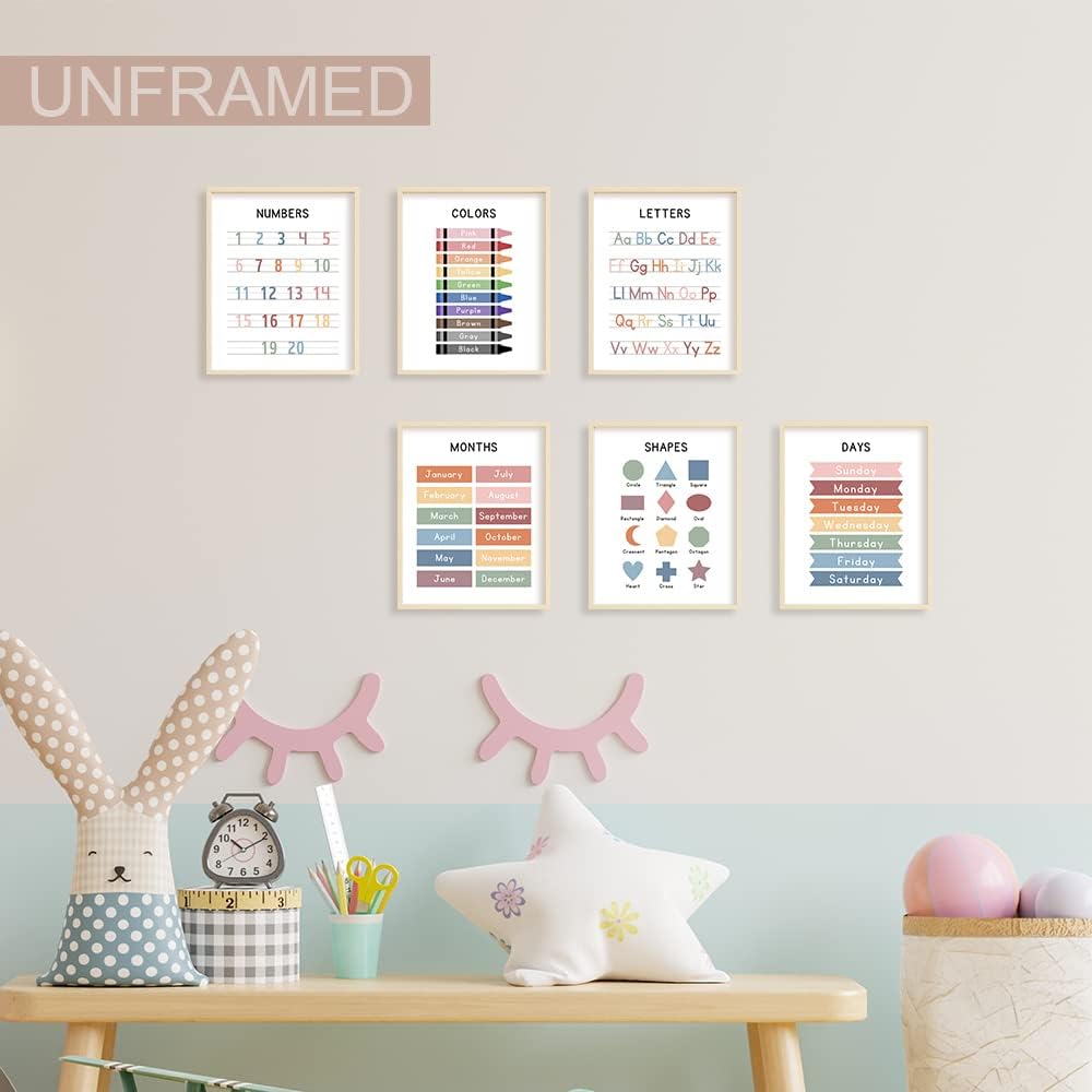 UNXIS Set of 6 Alphabet Poster, Abc Chart, Number Chart Educational Posters For Classroom Homeschool Preschool Supplies, for Kids Ages 3-5 Baby Girl