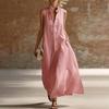 Damen Sommer Ärmellos Knopfleiste Tankkleid Stehkragen Lässig Baumwolle Leinen Langes Kleid Locker A-Linie Fließendes Strand Sommerkleid