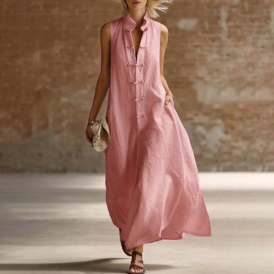 Damen Sommer Ärmellos Knopfleiste Tankkleid Stehkragen Lässig Baumwolle Leinen Langes Kleid Locker A-Linie Fließendes Strand Sommerkleid