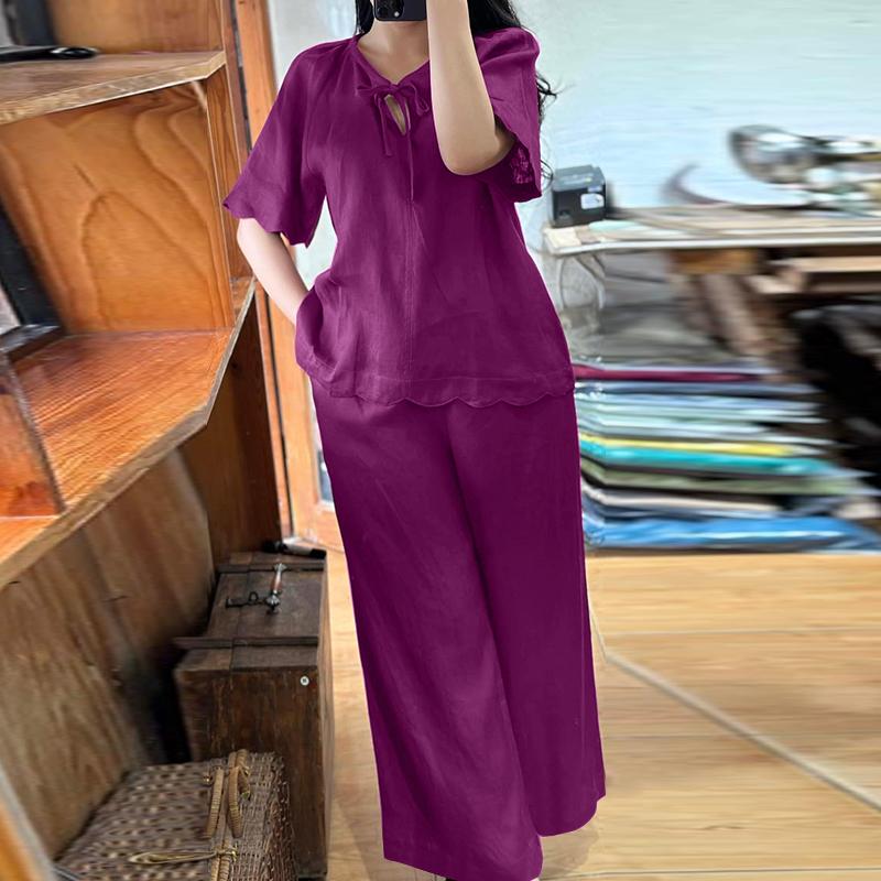 

ZANZEA Женский комплект из футболки с коротким рукавом и брюк, повседневный, из двух предметов, летний 5XL фиолетовый