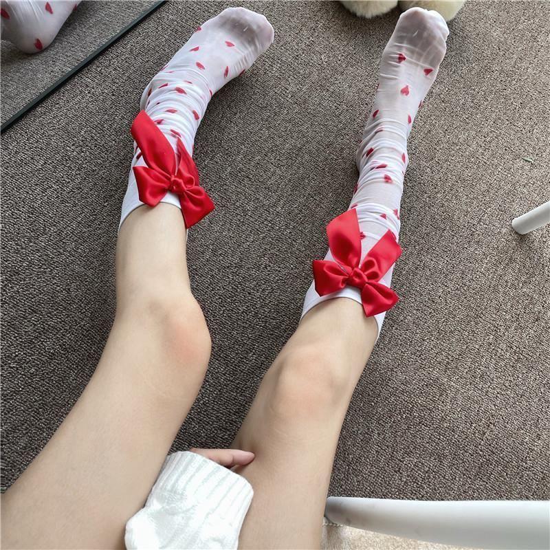 Mu Ruan Christmas Sweetheart Love Pattern Red Bow Knee-High Stockings